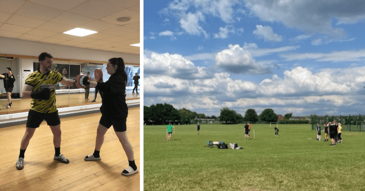 Two photos of fitness sessions during Laurus Trust Wellbeing week 2023. Left: Two staff members from Hazel Grove High School practice boxing together. Right: Staff out on the field during a game of rounders on a sunny day.