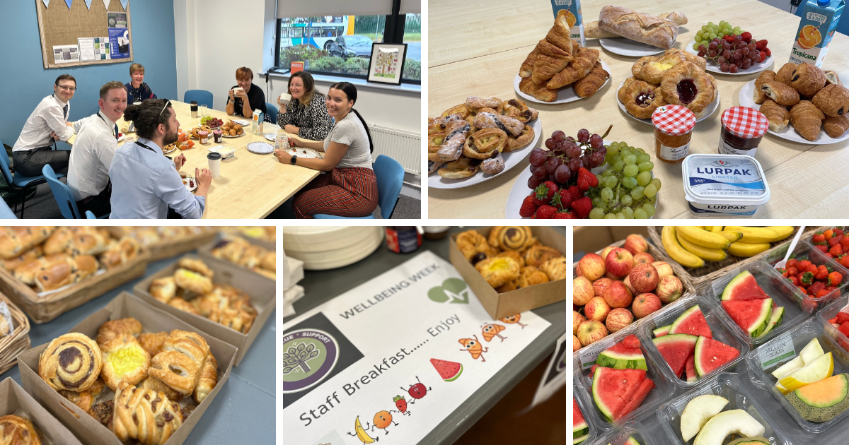 A collage of photos from staff breakfasts at different Laurus Trust schools during Wellbeing week. Top left: staff at Cheadle Hulme Primary School sit around a table full of pastries and breakfast items. Top right: A close up on the breakfast in top left. Bottom right: a variety of pastries. Bottom centre: A sign reads 'Wellbeing week staff breakfast...enjoy'. Bottom right: A spread of fruits, including watermelon, bananas, strawberries and apples.