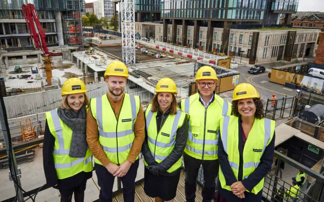 Manchester’s new city centre school to be built in the Renaker developments Deansgate. Linda Magrath, Cllr Garry Bridges, Wendy Mason Andrew Lofthouse (Renaker), Lisa Woolley.