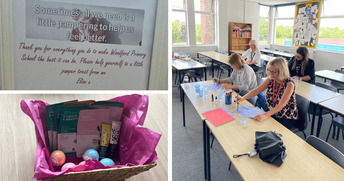 3 photos of the mental health elements of the Laurus Trust Wellbeing Week. Top left: A message reads: 'Sometimes all we need is a little pampering to help us feel better.Thank you for everything you do to make Woodford Primary School the best it can be. Please help yourself to a little pamper treat from me - Elise.' Bottom left: A box of pamper treats which accompanied the message in top left. Right: 3 members of staff do some mindful colouring and eat their lunch.